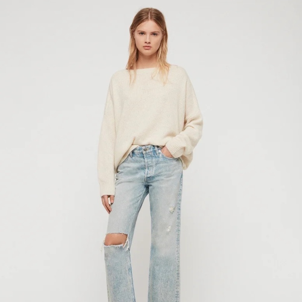 Allsaints women’s aris jumper wool/ alpaca blend boatneck cream fuzzy sweater M